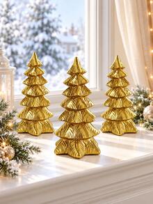 1pc Gold Christmas Tree Figurine, Elegant Sculpted Tabletop Ornament With Layered Branch Design, Freestanding Holiday Accent For Living Room, Mantel, Shelf, Office Desk And Winter Party Decor - New - View 8