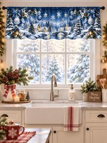 Christmas Window Curtain Set, Reindeer Snowman Gingerbread Winter Village & Vintage Patchwork Printed Polyester Curtains With Festive Holiday Designs, Christmas Decorations For Home, Living Room Bedroom Kitchen Room Decor - A - View 17