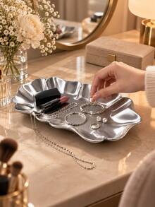 1pc Elegant Wavy Floral Silver Jewelry Tray, Multi-Functional Vanity Desktop Storage Organizer, Jewelry & Cosmetics Display Plate, Suitable For Vanity, Bedside Table, Desk, Home Aesthetic Decor, Home Decoration, Room Decor, Autumn Home Decor, Office Decor, Decoration, Bedroom Decor - Multiple Styles - View 7