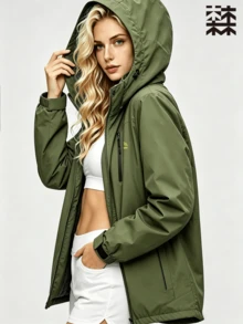 mulinsen Women's Hooded Softshell Jacket, Thermal Lined, Windproof, Full Zip Closure, Outdoor Activities, Daily Wear - Army Green - View 6