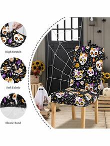 1/2/4pcs Printed Milk Silk High Back Chair Cover, Polyester Fiber Elastic All-Season Universal One-Piece Removable Washable Living Room Dining Room Bedroom Autumn Halloween Decoration Home Chair Cover - Multicolor - View 4