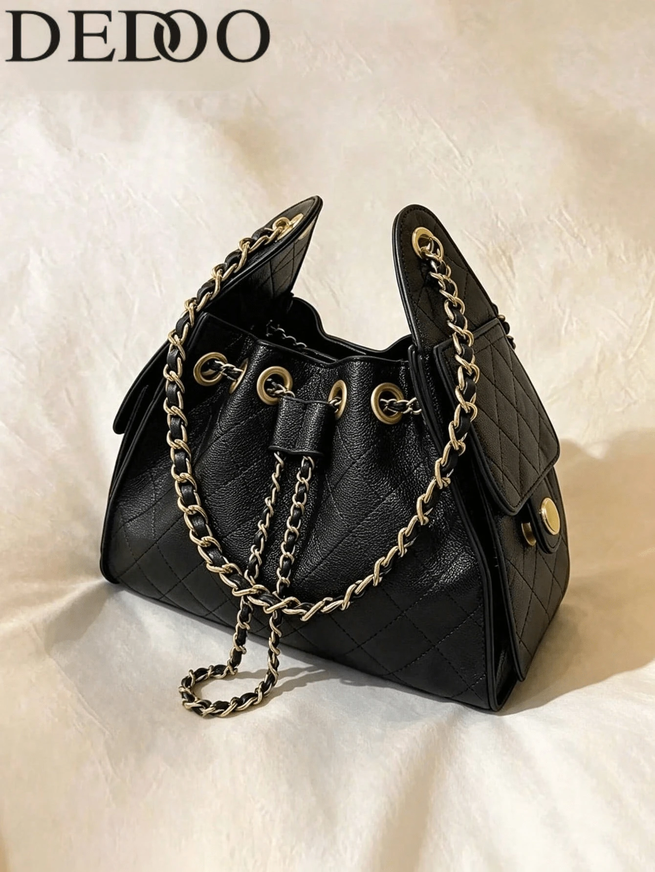 Dedoo Diamond Pattern Double Shoulder Strap Women's Large Capacity Shoulder Crossbody Bag Drawstring Bucket Bag Commuter Underarm Bag - Black - View 1