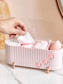 Cute Flower Decor 3‑Compartment Makeup Pad Storage Box, Clear Lid Dust‑Proof Desktop Organizer For Cotton Pads, Q‑Tips, Beauty Sponge, Small Cosmetic Accessory Storage Container For Vanity Bathroom - Multicolor - View 6