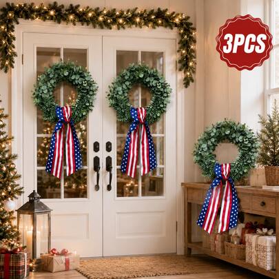 3PCS Wreath Sash Set, Red White Stripe Star Garland Ribbon For Wreaths Front Door, 4th Of July Patriotic Ribbon, Fall Wreath For Front Door, Halloween Christmas Decorations, Door Wreath Bow For Indoor Outdoor Yard