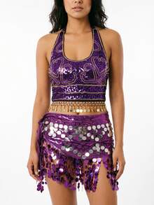 Bohemian Sequin Embroidered Chest Piece, Coin Tassel Hem & Round Sequins Tassel Hip Scarf, Exotic Body Accessory For Vacation Carnival (Multiple Colors Available) - Multicolor - View 16