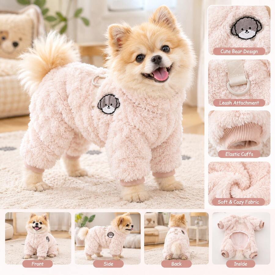 Plush Four-Legged Dog , Autumn/Winter Warm Pet Clothes, Bear Embroidery With Leash Ring Design, Suitable For Small Dogs And Cats, Indoor And Outdoor Wear - Multicolor - View 1