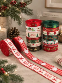 Christmas Ribbon With Santa Traditional Red Green Plaid Xmas Tree Merry Christmas Elk Reindeer Snowflake Bow Bear Mistletoe Pattern For Gift Wrapping Bow Wreath DIY Craft Festive Holiday Home Decor Baking Supply - Multicolor - View 1