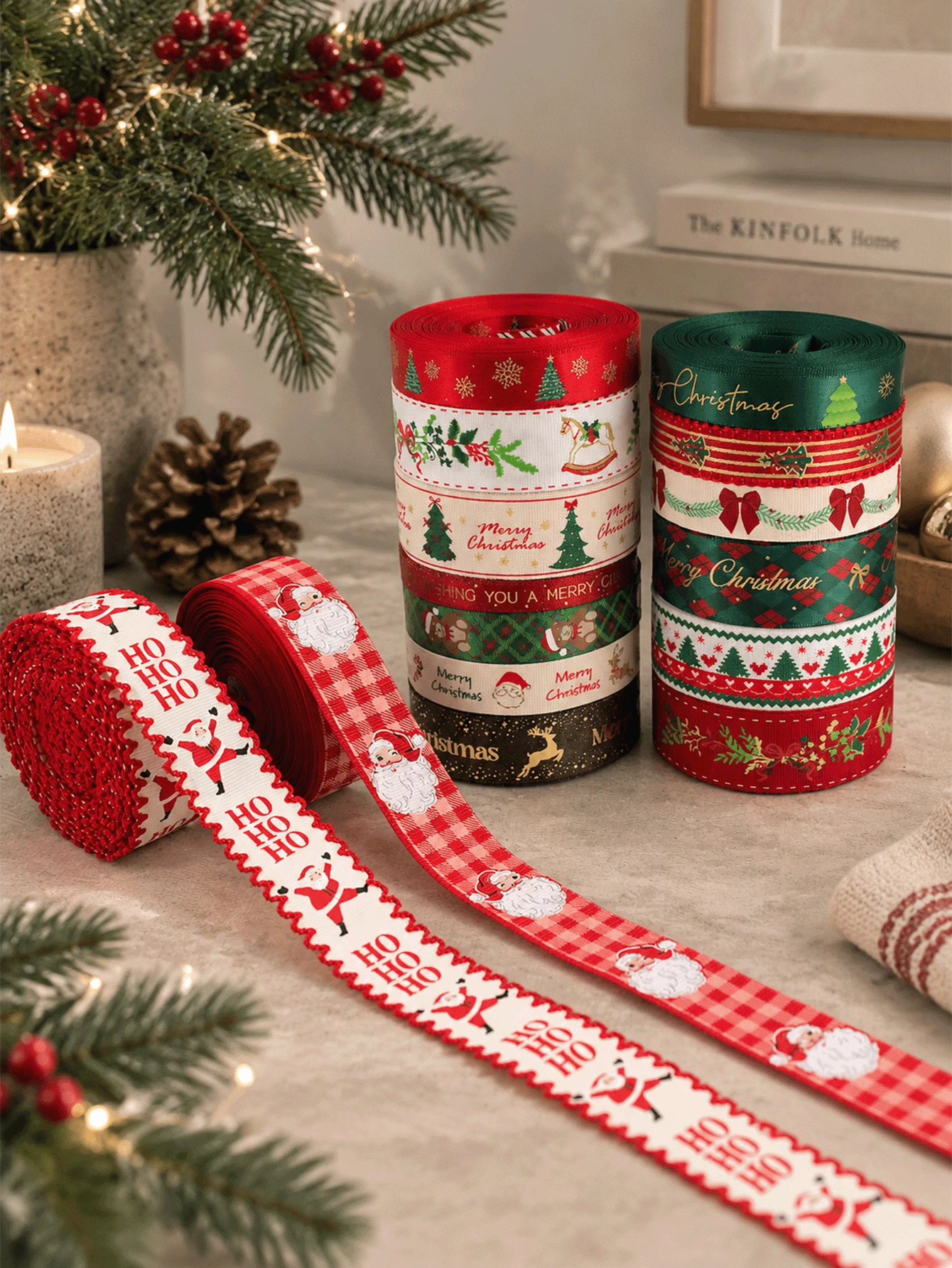 Christmas Ribbon With Santa Traditional Red Green Plaid Xmas Tree Merry Christmas Elk Reindeer Snowflake Bow Bear Mistletoe Pattern For Gift Wrapping Bow Wreath DIY Craft Festive Holiday Home Decor Baking Supply - Multicolor - View 1