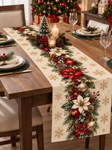 1pc Christmas Linen Table Runner, Red & White Color Scheme With Holly Berry, Pine Cone And Snowflake Decor, Suitable For Holiday Dining, Kitchen, Farmhouse Style Christmas Party - Multicolor - View 4