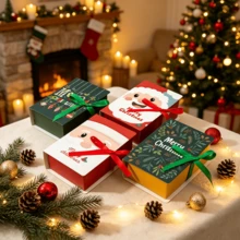 12/24pcs Christmas Paper Gift Boxes, With Red Ribbons And Bags, 4 Cartoon Christmas Patterns, Party Decoration Gift Packaging Small Box, Santa Claus, Snowman, Gingerbread For Man Candy Boxes For Holiday Souvenirs Packaging - Gift Box - View 1