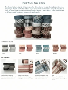 6 Rolls Vintage Plaid Washi Tape Set, Retro Aesthetic Decorative Paper Tape, Suitable For Scrapbooking, Journaling, Planner, Art Creation, Handmade Crafts And Student Back To School Decor - Multicolor - View 2