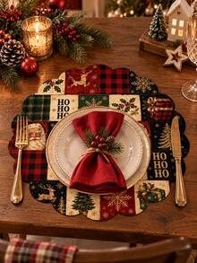 1pc Christmas Table Runner, Santa Claus Reindeer Buffalo Plaid Snowflake Holly Poinsettia Patchwork Print Linen Look Dining Runner, Vintage Christmas Decorations For Home, Farmhouse Kitchen Decor, Holiday Party Table Room Decor - Multicolor - View 4
