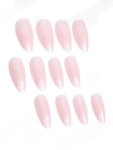 24pcs Short Almond Shaped Nail Stickers, Simple Solid Color Glossy Fake Nails, Suitable For Women And Girls Daily Wear Nail Art Supplies - Baby Pink - View 2