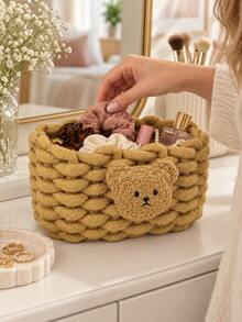 1pc Cute Bear Storage Basket, Multi-Functional Woven Storage Box, Suitable For Women And Students, Bathroom Vanity Bedroom Desktop Storage Bucket, Small Item Storage Box, Dorm Decor, Back To School And Autumn Home Essentials - Bear Design, Khaki, 1 Piece - View 1
