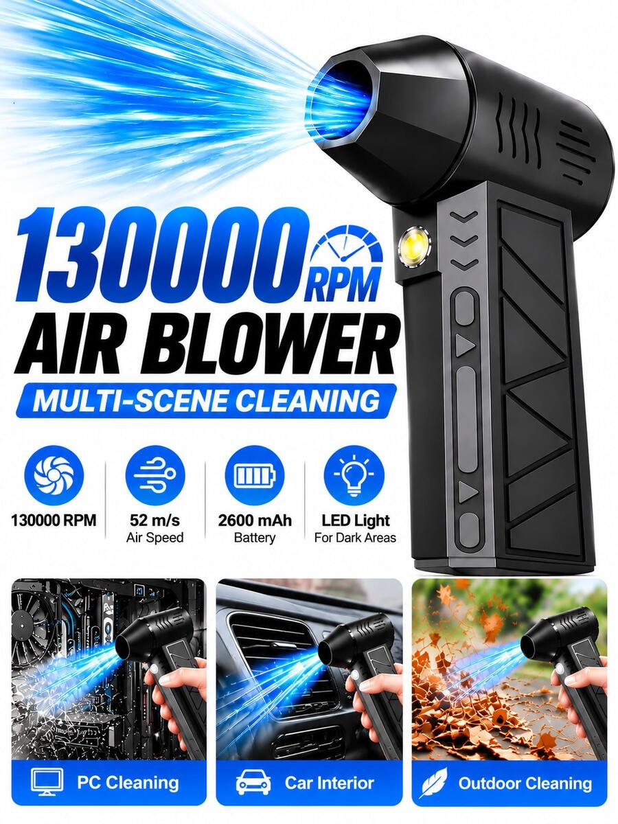 Personal Cooling Fan With Compressed Air Dust Collector, 108,000 RPM High Power Cordless Electric Duster, Equipped With 2600mAh Rechargeable Battery, 3 Adjustable Wind Speeds, Suitable For Car Snow Removal, Cleaning, Dusting, Blowing, Cooling, Keyboard, Computer, Car And Home Cleaning. - A - View 1