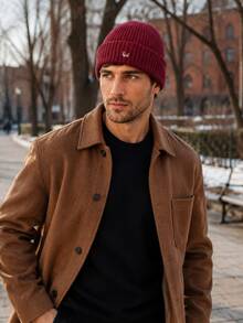 Men's Cute Dog Embroidered Ribbed Knit Beanie, Warm Cuffed Winter Hat For Casual Outdoor Wear - Knitted Hat - View 3