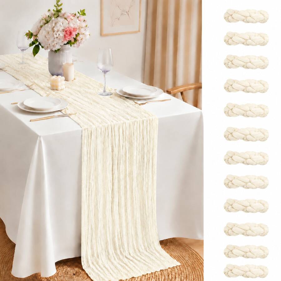 12 Pack Beige Cheesecloth Table Runner, Crinkle Gauze Table Runners With Soft Sheer Texture, Boho Rustic Table Decor For Wedding, Bridal Shower, Baby Shower, Birthday Party, Holiday Events, Farmhouse Dining And Home Decoration - Beige - View 1