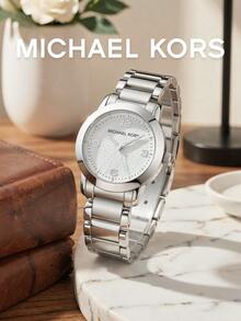 Michael Kors Runway Series Women's Watch, Silver Round Dial Quartz Watch, Stainless Steel Chain Band Design, Elegant Luxury Style Women's Watch, Versatile Commuter Accessory For European And American Style, Birthday Gift - Silver - View 1