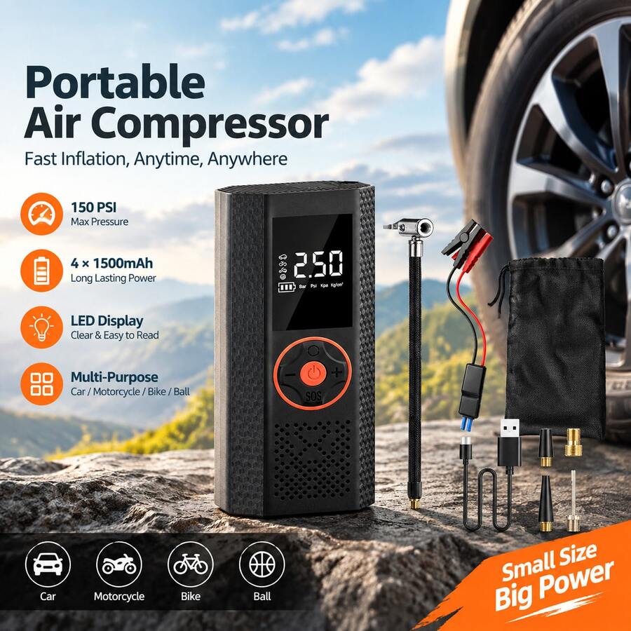 150PSI Portable Air Compressor, Tire Inflator, Car Jump Starter, With Tire Pressure Gauge And LED Display - 3x Speed One-Key Smart Wireless Tire Inflator, USB Powered, Rechargeable Battery