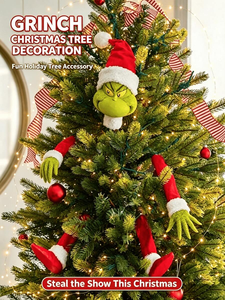 The Grinch 1 Set Christmas Tree Body Decoration, Wearing Christmas Hat Humanoid Doll Shape, Christmas Tree Fun Decoration Kit, Suitable For Winter Christmas Tree Decoration, Home Holiday Decor, Party Backdrop, Window Display Scenes - Multicolor - View 1