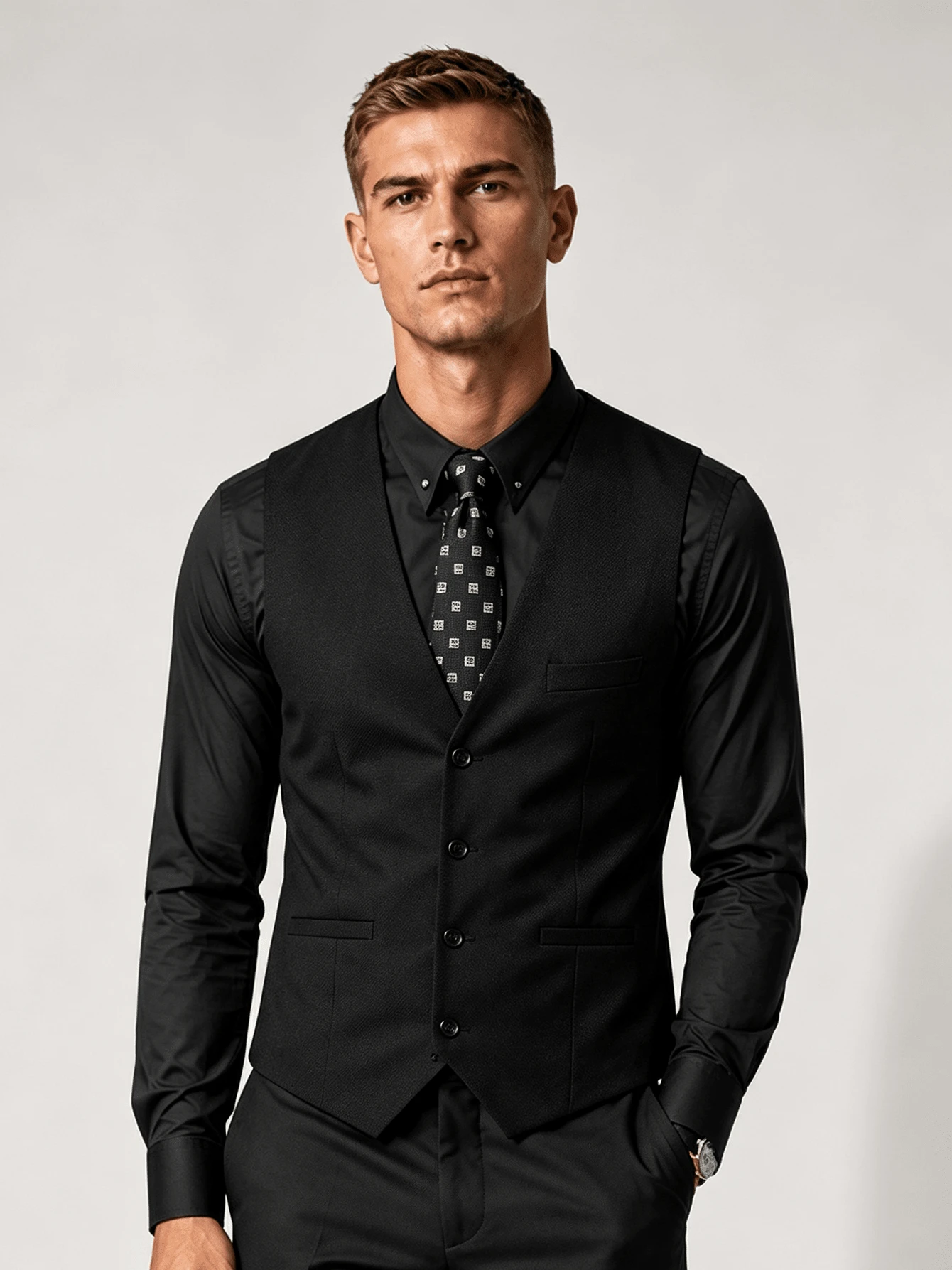 Korean Style Slim Fit Solid Color Vest With Pockets, Men's Casual Waistcoat With Suit Collar - Black - View 1