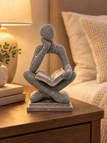 1pc Abstract Reading Thinker Statue, Silver Beaded Texture Man Figurine Holding Open Book, Modern Art Sculpture For Bookshelf Office Desk Study Living Room Coffee Table Decor - New - View 4