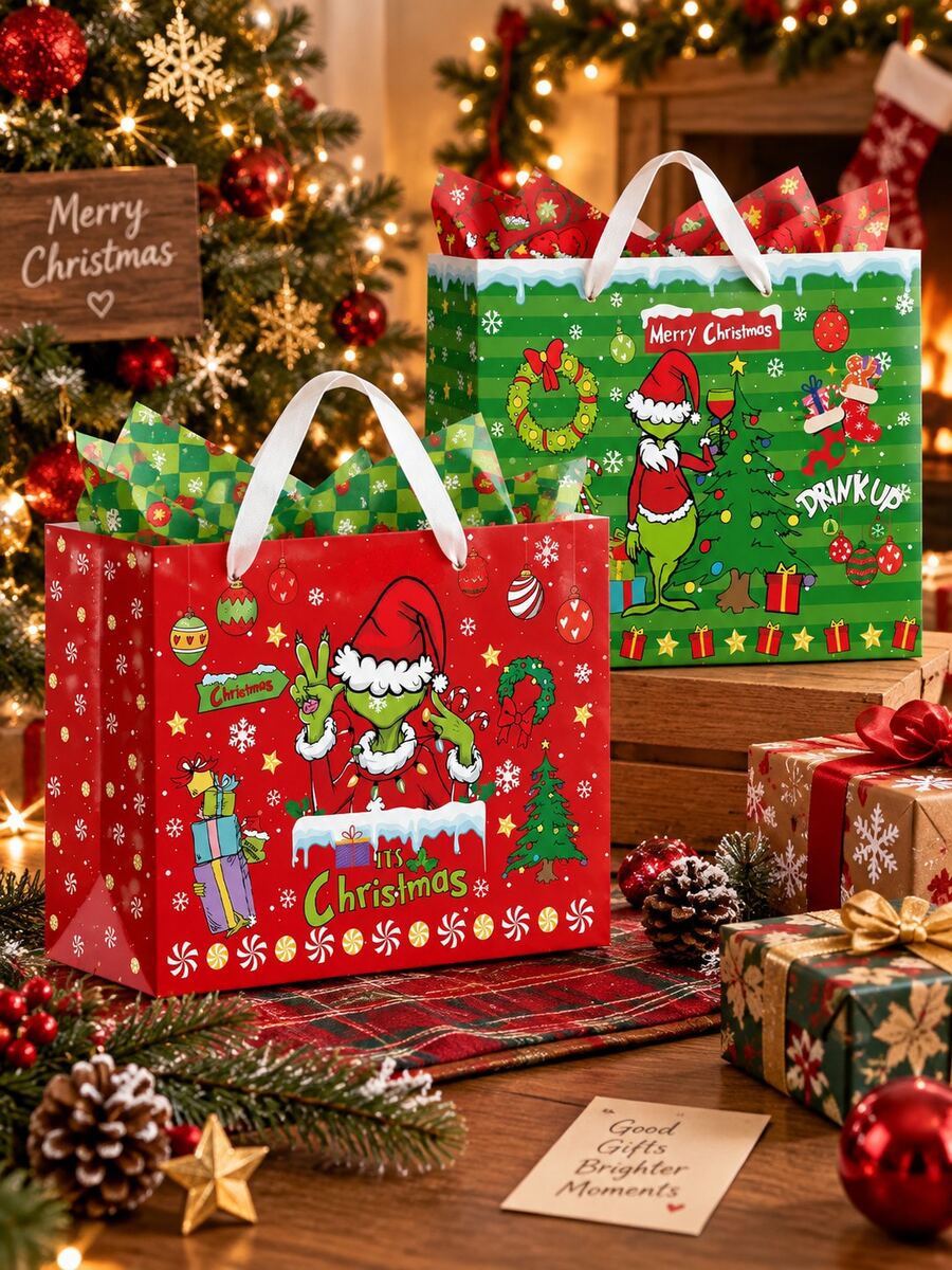The Grinch مجموعة تغليف هدايا عيد الميلاد، أكياس هدايا العطلات مع مقابض حبلية، متوفرة باللونين الأحمر والأخضر، تشمل ورق التغليف وبطاقات التهنئة مع الأظرف والملصقات، لوازم تغليف الهدايا والحلويات والوجبات الخفيفة وهدايا الحفلات - ي-متعدد الألوان - مشاهدة 1