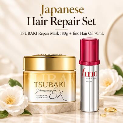Tsubaki+Fino 2PCS Hair Care Bundle, Hair Mask And Hair Oil Set,Lasting Radiance,Reduces Frizz,Enhances Gloss Shine,Tame Frizz Flyaways, Restore Sheen Softness, For All Hair Types, Hair Care Travel Essential, Holiday Essentials, Cruise Vacation Autumn