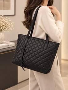 1pc Women's Quilted Diamond Tote Bag, Large Capacity Commuter Shoulder Bag, Minimalist Elegant Black Daily Handbag - M591 - View 3