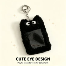 Plush 3-Inch Card Holder With Keychain Pendant, Transparent Window For Storing Small Cards, Photos, Postcards, Christmas And Halloween Gift Item, Bag-Hanging Card Storage Bag, Portable, For Girlfriend And Friends - Black - View 6