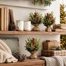 1pc 9.8 Inch Mini Artificial Christmas Tree With Burlap Base, Realistic Green Pine Branches And Red Berries, Rustic Style Desktop Holiday Decor, Suitable For Home, Office, Desk, Shelf, Store Display, Christmas Party And Winter Decoration - Mini Artificial Christmas Tree With Pine Branches and Red Berries - View 5