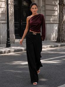 Women's Solid Color Minimalist Daily Wear High Waist Wide Leg Pants, Black Straight Leg Polyester Fabric, Slightly Elastic, Suitable For Autumn/Winter Formal Occasions - Black - View 3