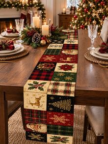 1pc Christmas Table Runner, Santa Claus Reindeer Buffalo Plaid Snowflake Holly Poinsettia Patchwork Print Linen Look Dining Runner, Vintage Christmas Decorations For Home, Farmhouse Kitchen Decor, Holiday Party Table Room Decor - Multicolor - View 1
