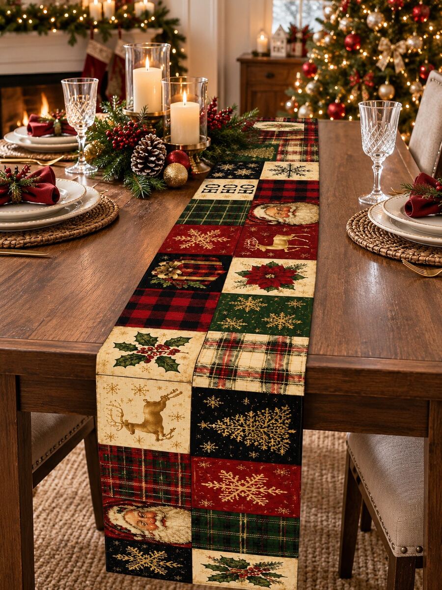 1pc Christmas Table Runner, Santa Claus Reindeer Buffalo Plaid Snowflake Holly Poinsettia Patchwork Print Linen Look Dining Runner, Vintage Christmas Decorations For Home, Farmhouse Kitchen Decor, Holiday Party Table Room Decor - Multicolor - View 1