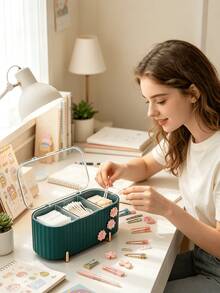 Cute Flower Decor 3‑Compartment Makeup Pad Storage Box, Clear Lid Dust‑Proof Desktop Organizer For Cotton Pads, Q‑Tips, Beauty Sponge, Small Cosmetic Accessory Storage Container For Vanity Bathroom - Multicolor - View 3