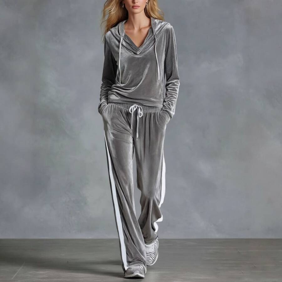 Solid Color V-Neck Gold Velvet Knit Long Sleeve Casual Hooded Top And Long Pants 2 Pieces Set - Grey - View 1