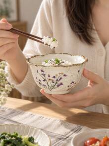 Vintage Lavender Hand-Painted Ceramic Bowl, Petal Rim Underglaze Floral Rice Bowl, Yogurt Oatmeal Breakfast Dessert Bowl For Home Kitchen Gift Idea - Multicolor - View 6