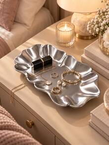 1pc Elegant Wavy Floral Silver Jewelry Tray, Multi-Functional Vanity Desktop Storage Organizer, Jewelry & Cosmetics Display Plate, Suitable For Vanity, Bedside Table, Desk, Home Aesthetic Decor, Home Decoration, Room Decor, Autumn Home Decor, Office Decor, Decoration, Bedroom Decor - Multiple Styles - View 5