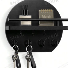 Wall-Mounted Key Rack Apartment Wall Decor, With Shelf And 8 Key Hooks, Round Wooden Key Holder, Home Decoration - 5 Hooks - View 4