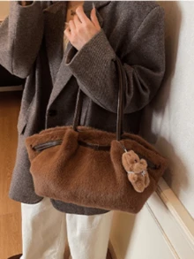 Dedoo Women's Plush Tote Shoulder Bag, Solid Color Faux Fur & Leather Patchwork, Gold Buckle Decor, Large Capacity, Minimalist Winter Casual Style, Suitable For Daily Commute And Office, No Pendant - Coffee - View 6