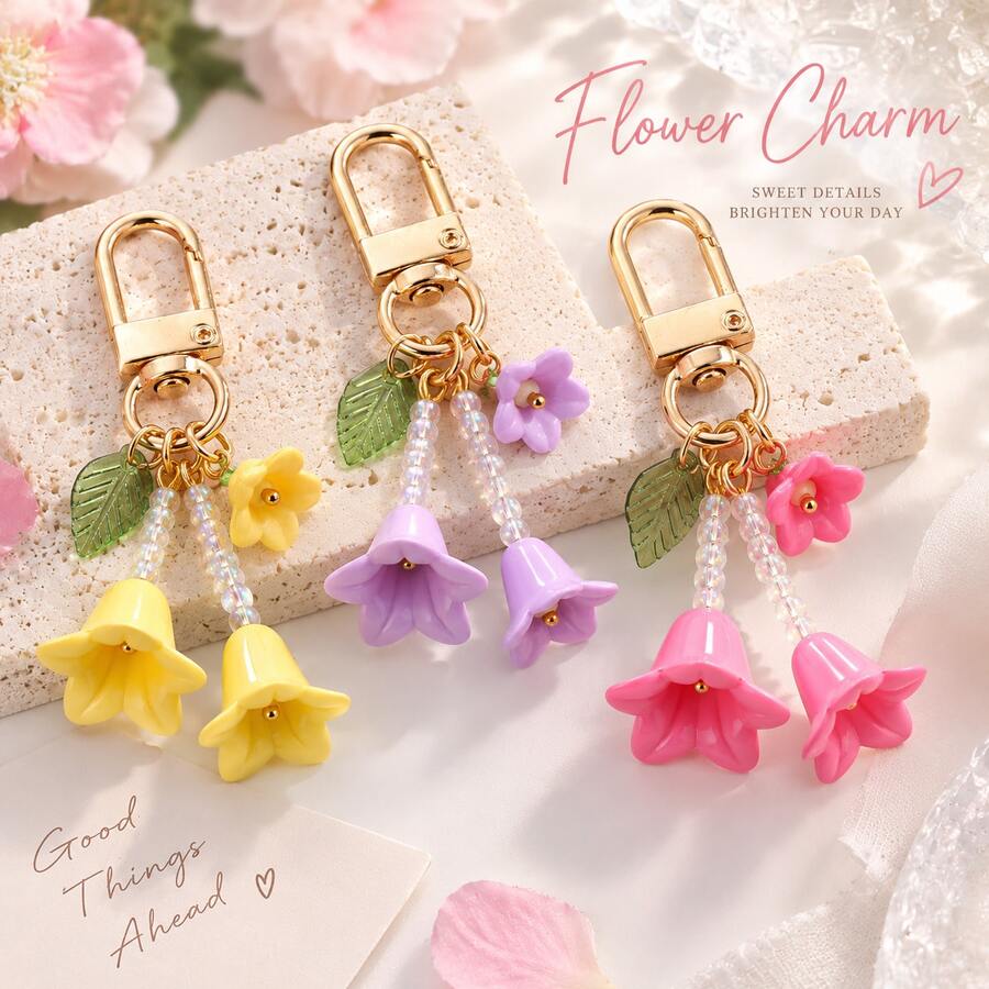 1pc Macaron Color Lily Of The Valley Keychain, Beaded Bell Flower Bag Charm With Gold Rotating Clasp, Floral Pendant, Suitable For Handbags, Backpacks And Keys - Quantity - View 1
