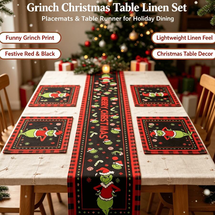 The Grinch 1pc Christmas Table Runner And Placemat Set, Linen Fabric Material, Christmas Table Decoration Table Runner And Placemat Set, Cartoon Image, Holiday Table Atmosphere Decoration Kit, Suitable For Winter Christmas Home Dinner, Holiday Table Setting, Themed Gathering, Party Banquet Scenes. - Multicolor - View 1