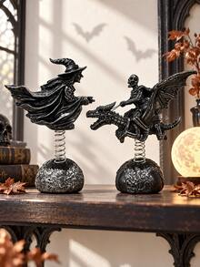 1pc Halloween Witch Or Skeleton Dragon Knight Bobblehead Figurine, Gothic Dark Fantasy Spring Ornament, Horror Desktop Decor, Suitable For Living Room, Office Desk, Haunted House And Party Decoration, Kitchen, Wedding, Bedroom, Living Room Decor - New Model - View 3