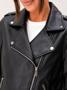Women's Solid Color PU Leather Long Sleeve Zipper Front Casual Motorcycle Jacket - Black - View 8