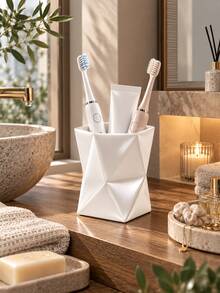 1pc White Geometric Toothbrush Cup, Modern Minimalist Electric Toothbrush And Toothpaste Countertop Storage Rack, Multi-Functional Bathroom Sink Storage Cup, Mouthwash Cup, Couple Home Dorm Bathroom Accessory, Sink Essential And Decor - Multicolor - View 7