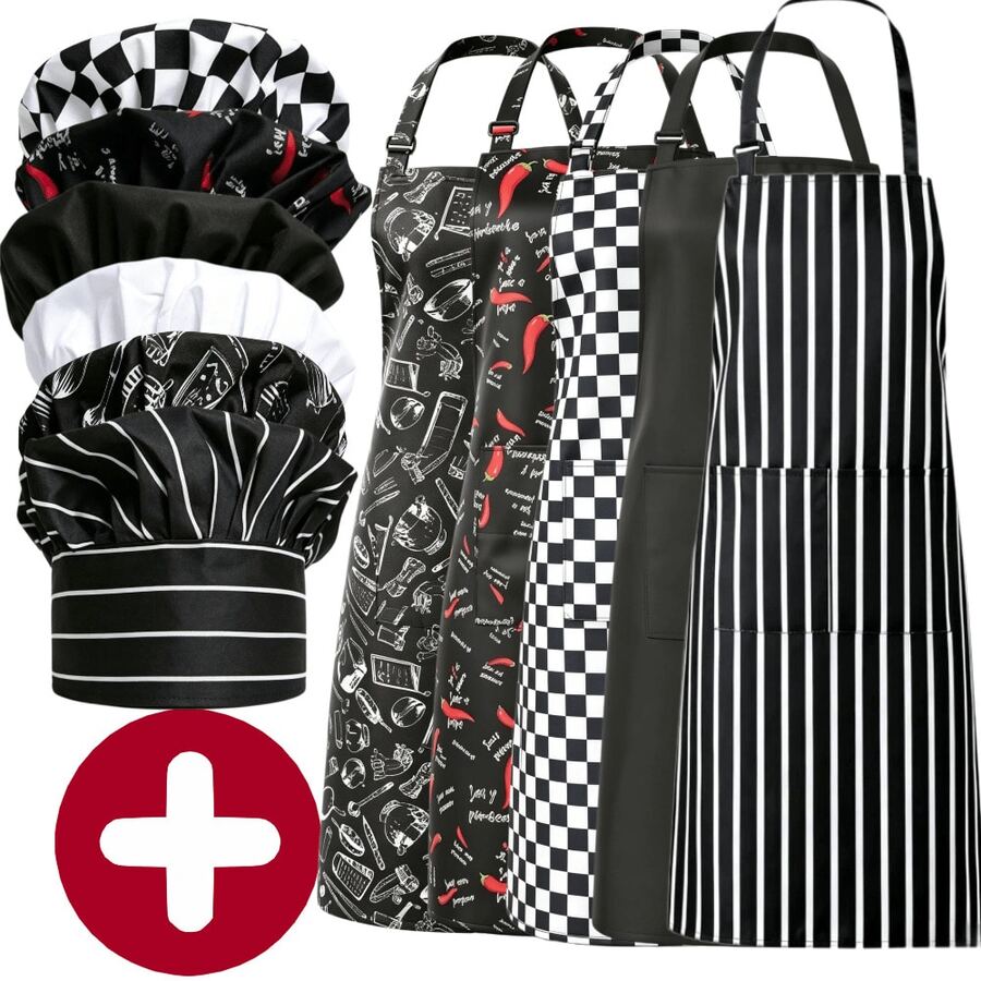 2pcs/Set Unisex Chef Apron & Hat Set, Adjustable Halter Apron With Pockets + Pleated Chef Hat, Multiple Patterns, Suitable For Home Kitchen, Baking, BBQ, Cafe, Catering - 2Pcs Set - View 1