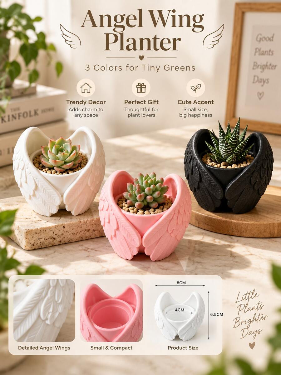1pc Aesthetic 3D Printed Angel Wings Decorative Flower Pot, Unique Artistic Style Planter, Multi-Purpose Home Decor, Suitable For Indoor Balcony Desktop Garden Decoration - Multiple Styles - View 1
