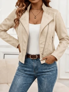 Women's Casual Slim Fit Stand Collar Zip-Up Motorcycle Jacket Faux Suede Short Coat - Apricot - View 5