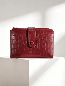 New Women's Vintage Premium Short Wallet, Crocodile Embossed PU Leather Bi-Fold Card Holder, Multi-Slot Vertical Design, Zipper Coin Purse - Multicolor - View 3