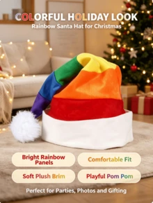 1pc Christmas Hat Unisex Adult Rainbow Striped Plush Santa Hat, Suitable For Christmas Party Cosplay Photo Props Costume Accessory - Multicolor - View 6